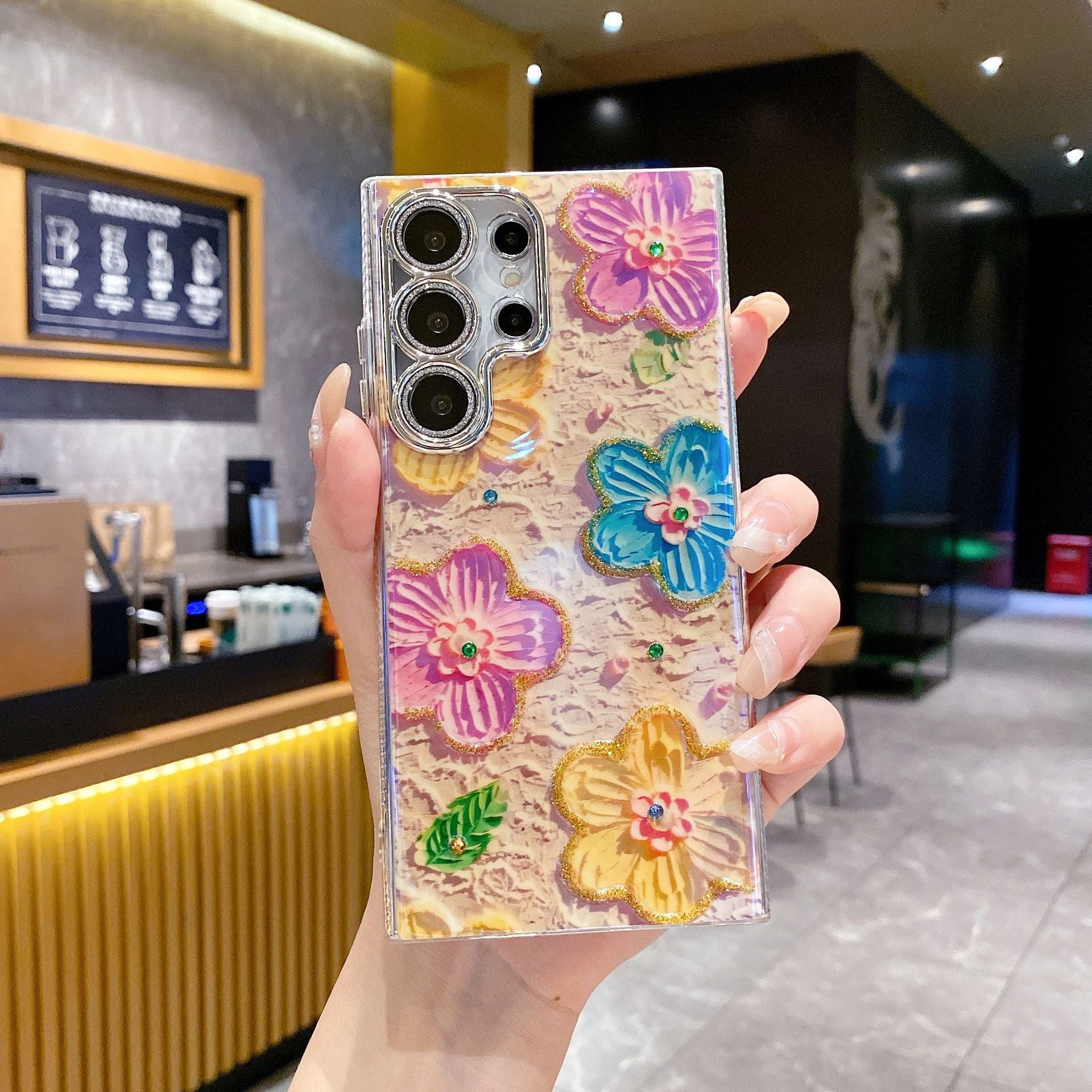 Peinture à l'huile de strass de luxe Flower Phone Case Lens Fine Hole Tout Inclus