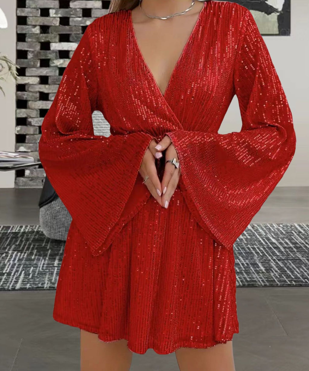 Robe de soirée de soirée de soirée de soirée de soirée en V-col Sequin