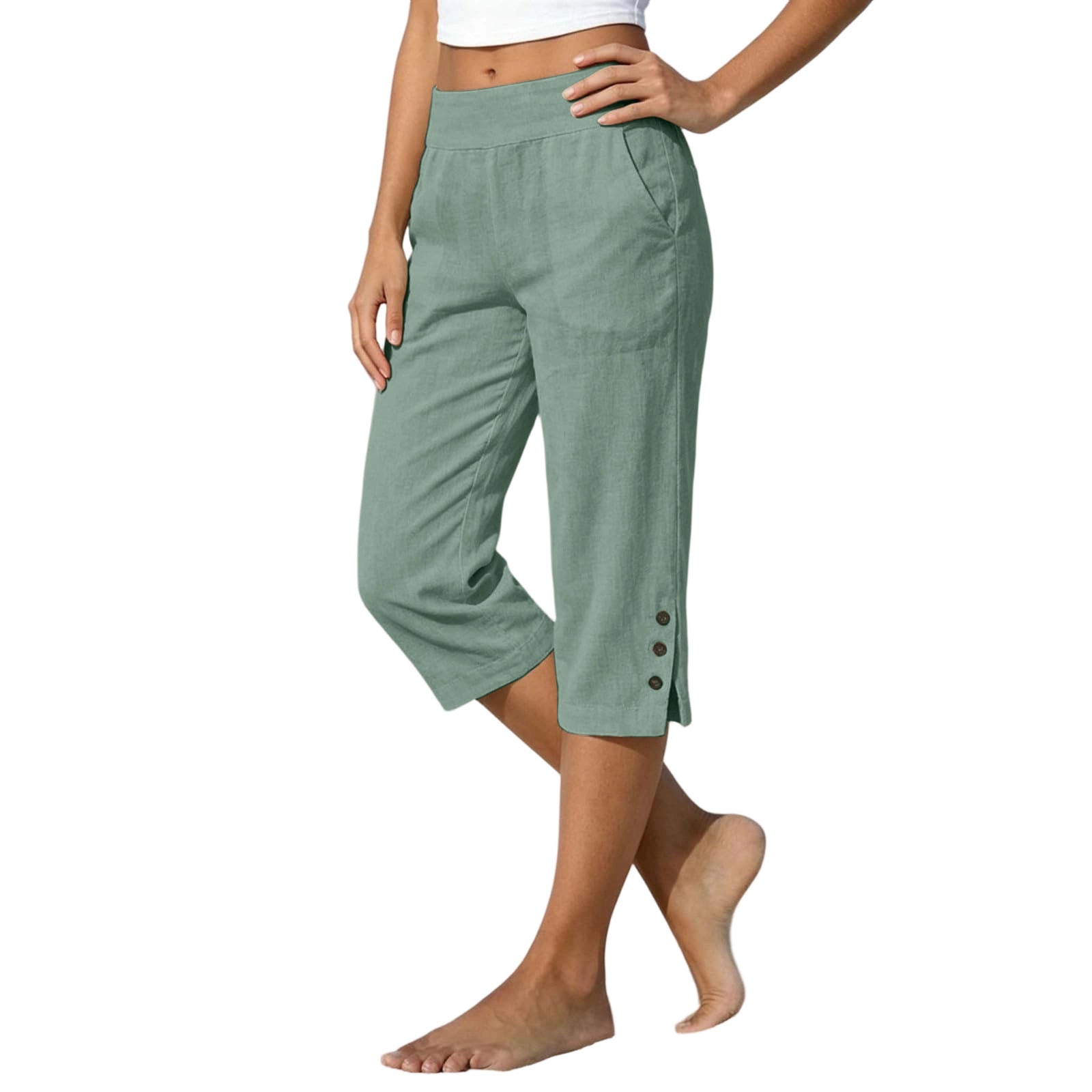 Femmes taille haute Loose-fit Slit-front Casual Jambe droite pantalons avec boutons