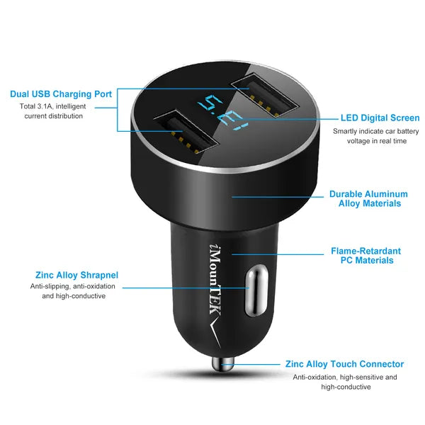 Universal 15W/3.1A Adaptateur de charge de voiture double USB en alliage d'aluminium Adaptateur de charge rapide de voiture F