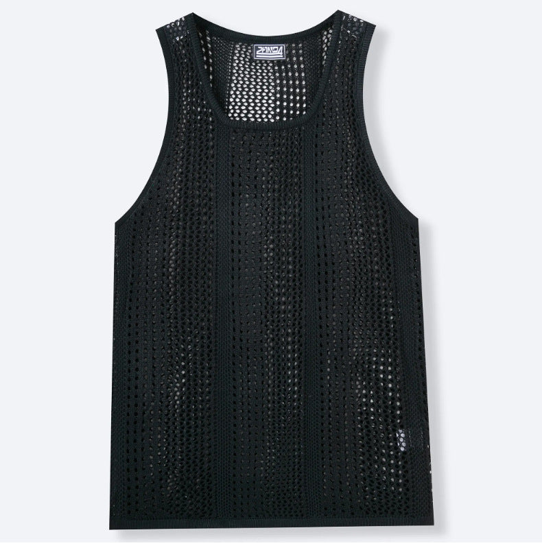 Été hommes sans manches Knit Hollow-out Deep U-Neck Casual Tank Top
