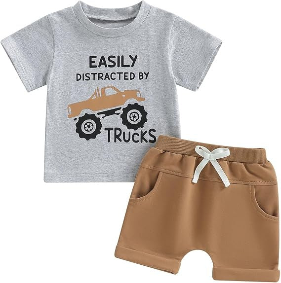 Baby Car Print Short-Sleeve Solid Color Shorts Casual Set