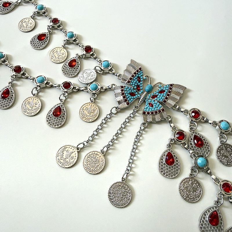 Retro Ethnic Style Butterfly Strass Waist Chain Avec Turquoise Coin Pendentif Tassel Bel