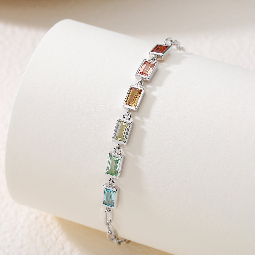 S925 Argent Sterling Rectangle Rainbow Lab-Grown Bracelet en pierre gemme 16cm Paperclip Chaîne Pl