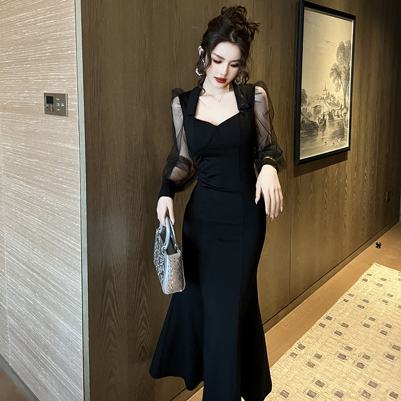 Style français Collier carré Robe longue pour femmes Hepburn Style Elégant Socialite Puff Mesh