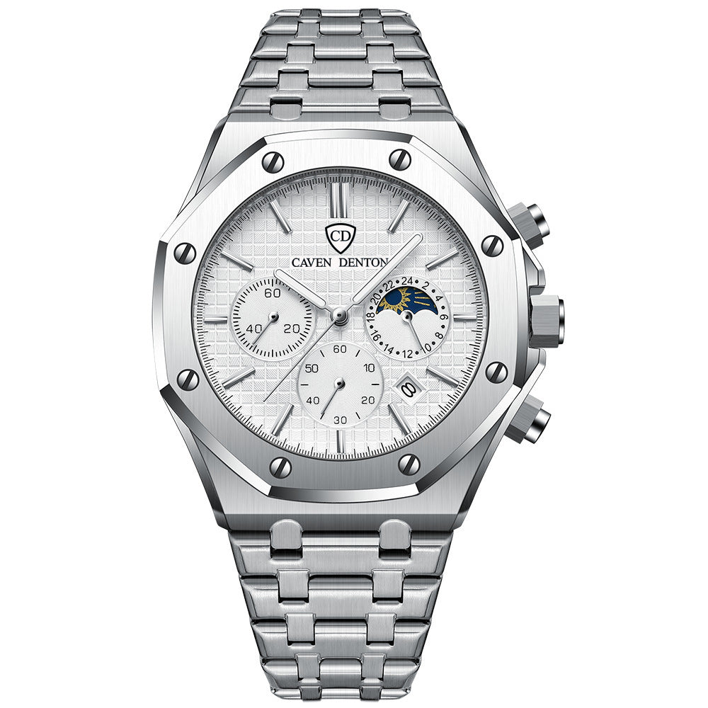 Waterproof Three-Eye Six-Needle Multifunctional Moon Phase Steel Men's S