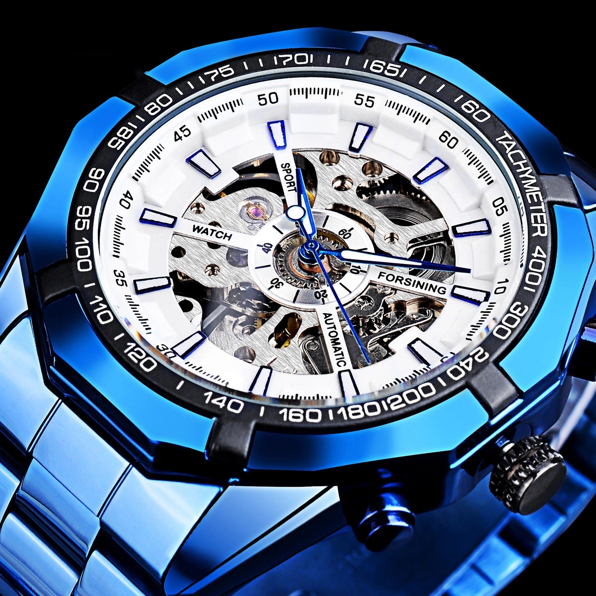 Montre mécanique Casual Hollow Blue Plating automatique