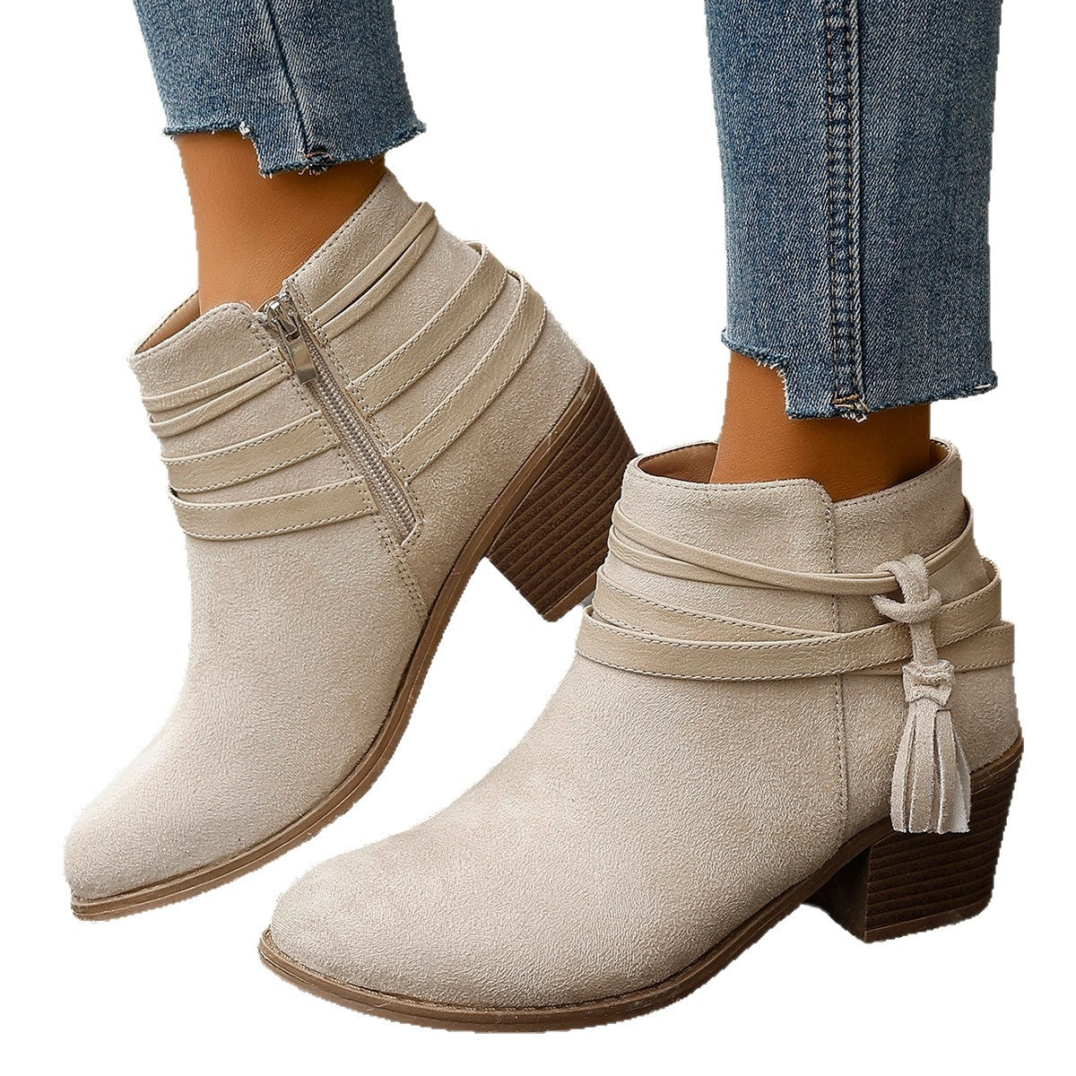 Suede Bottes pour femmes avec ceinture et fermeture éclair latérale