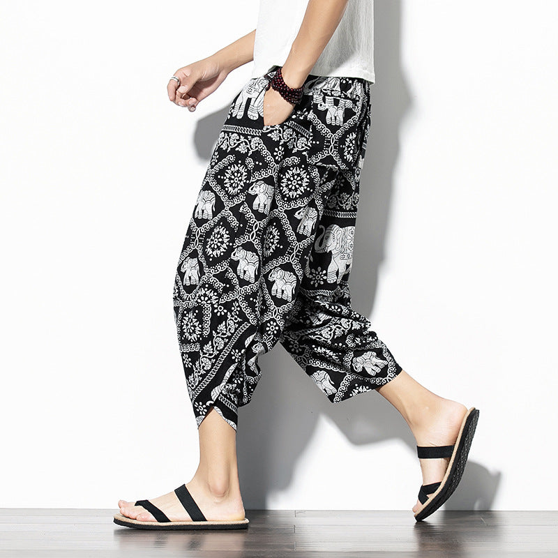 Pantalon imprimé en coton et en lin
