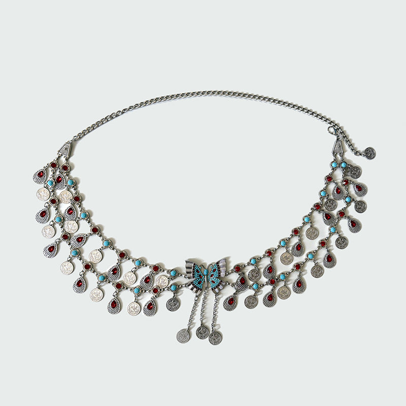 Retro Ethnic Style Butterfly Strass Waist Chain Avec Turquoise Coin Pendentif Tassel Bel