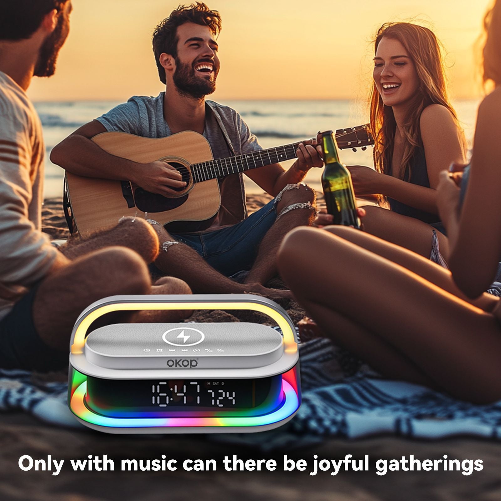 KP-575 Bluetooth Haut-parleur15W sans fil de recharge de bureau réveil RGB lumière ambiante blanc
