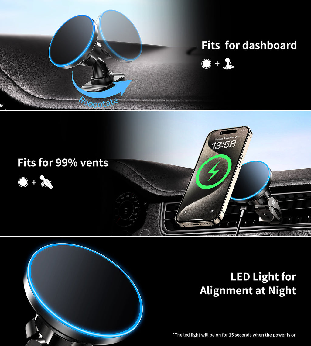 15W Magnetic Mobile Phone Wireless Fast Charge Car Navigation Holder