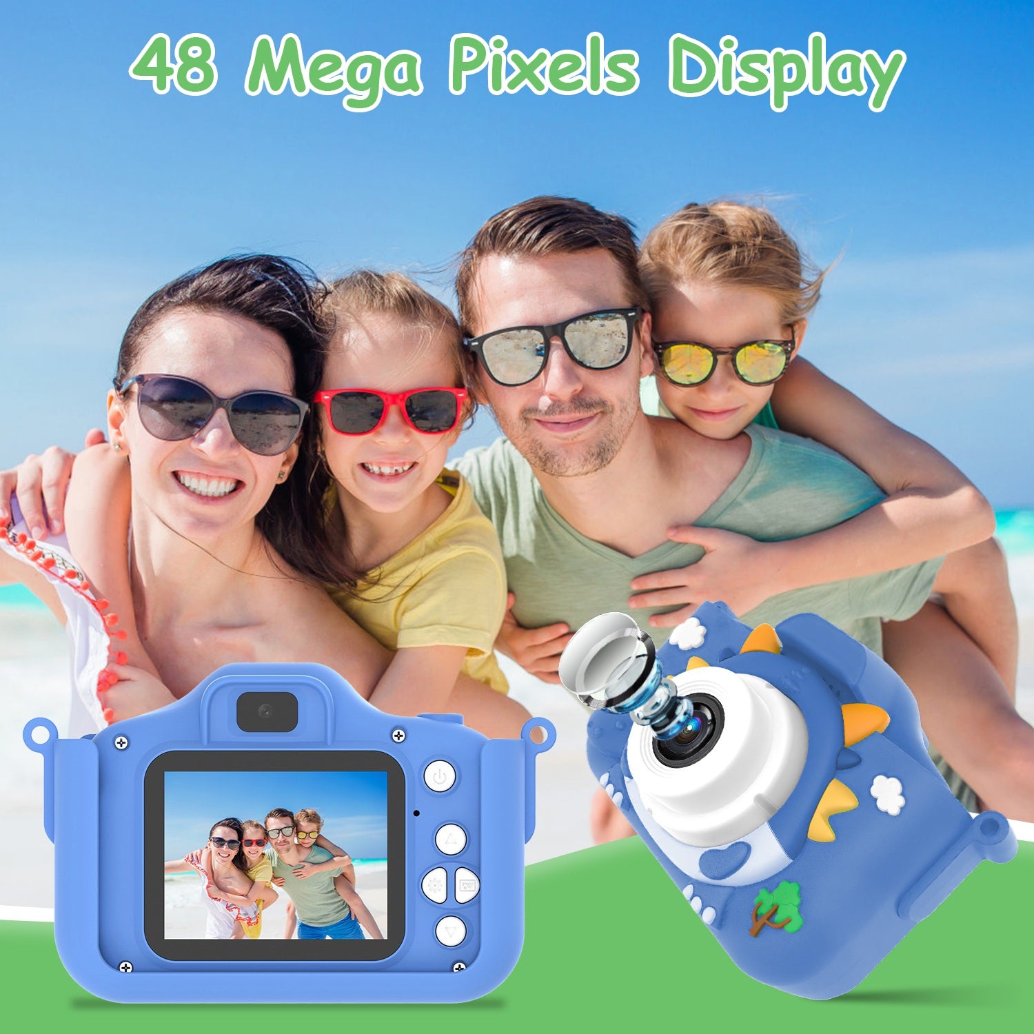 Pink-Blue Options -- 1Pc Dinosaur Kids Caméra de caricature de selfie 48MP 1080P HD Digital