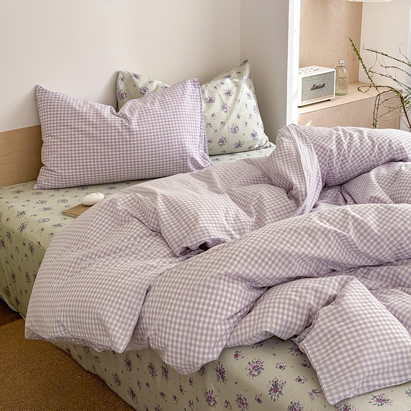 Lavé Coton Contraste Couleur Lit flottant Islande Style simple Ensemble de quatre pièces