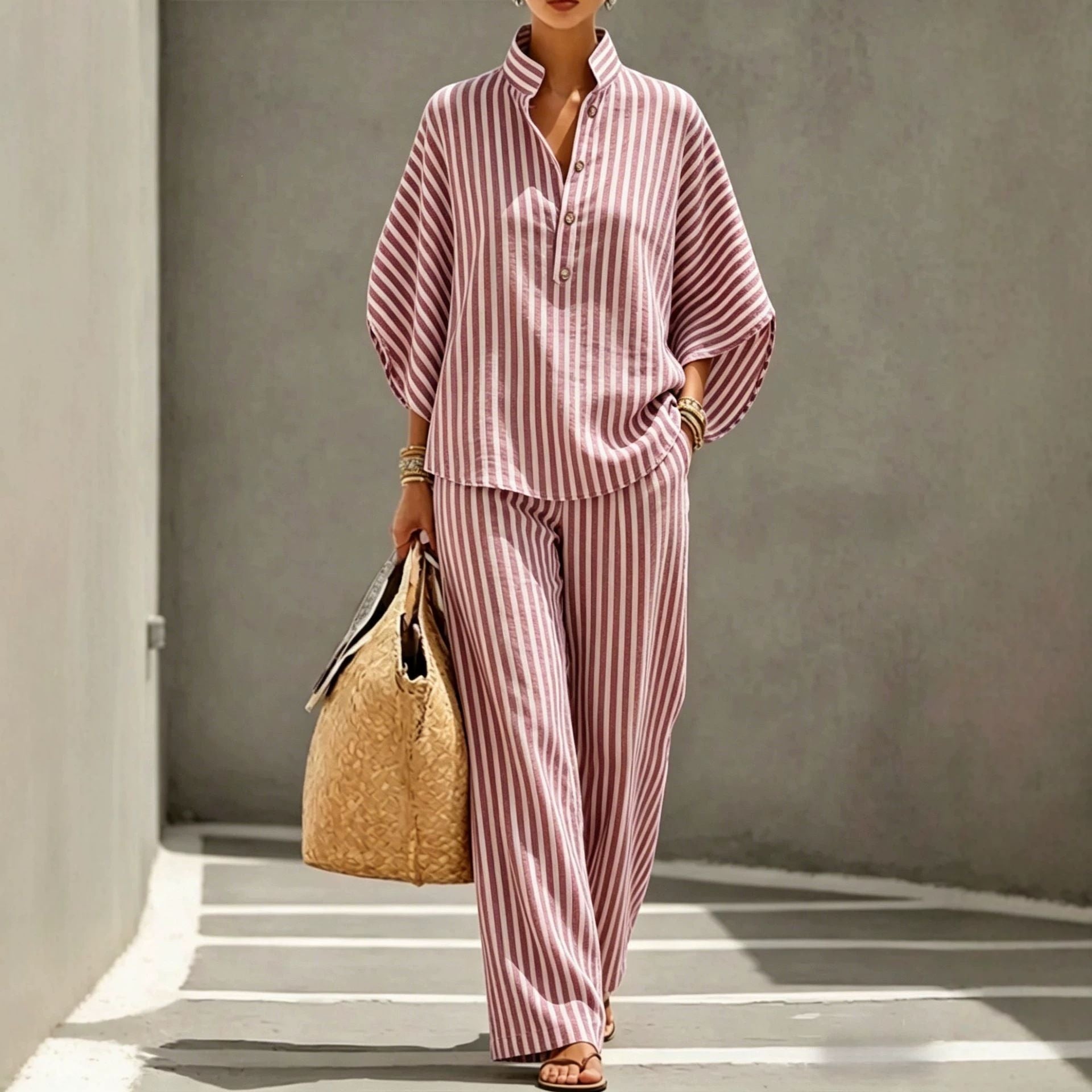 Chemise rayée et pantalon à large jambe Ensemble en deux parties