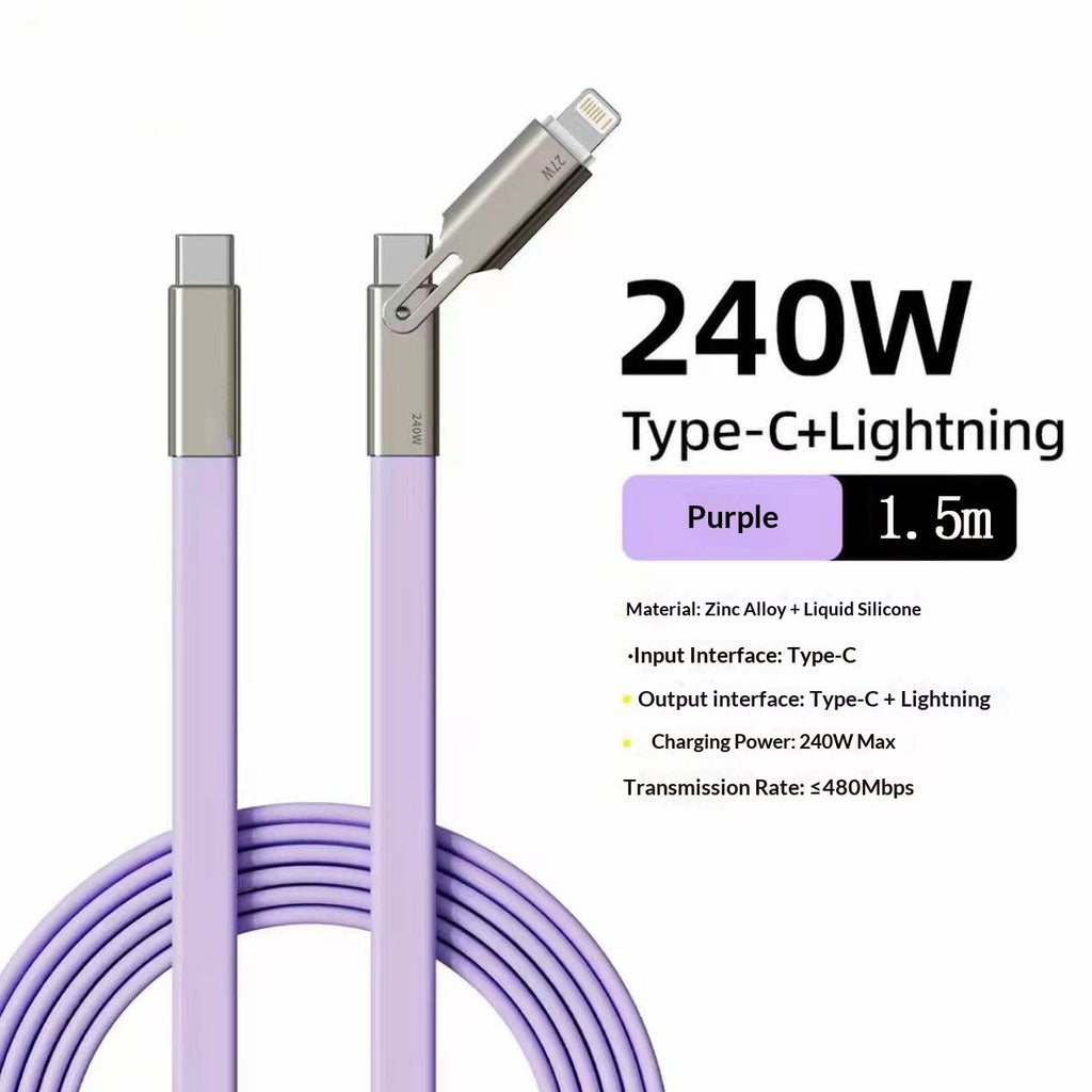 Câble de recharge 2-en-1 multiprotocole 240W entièrement compatible avec la silicone
