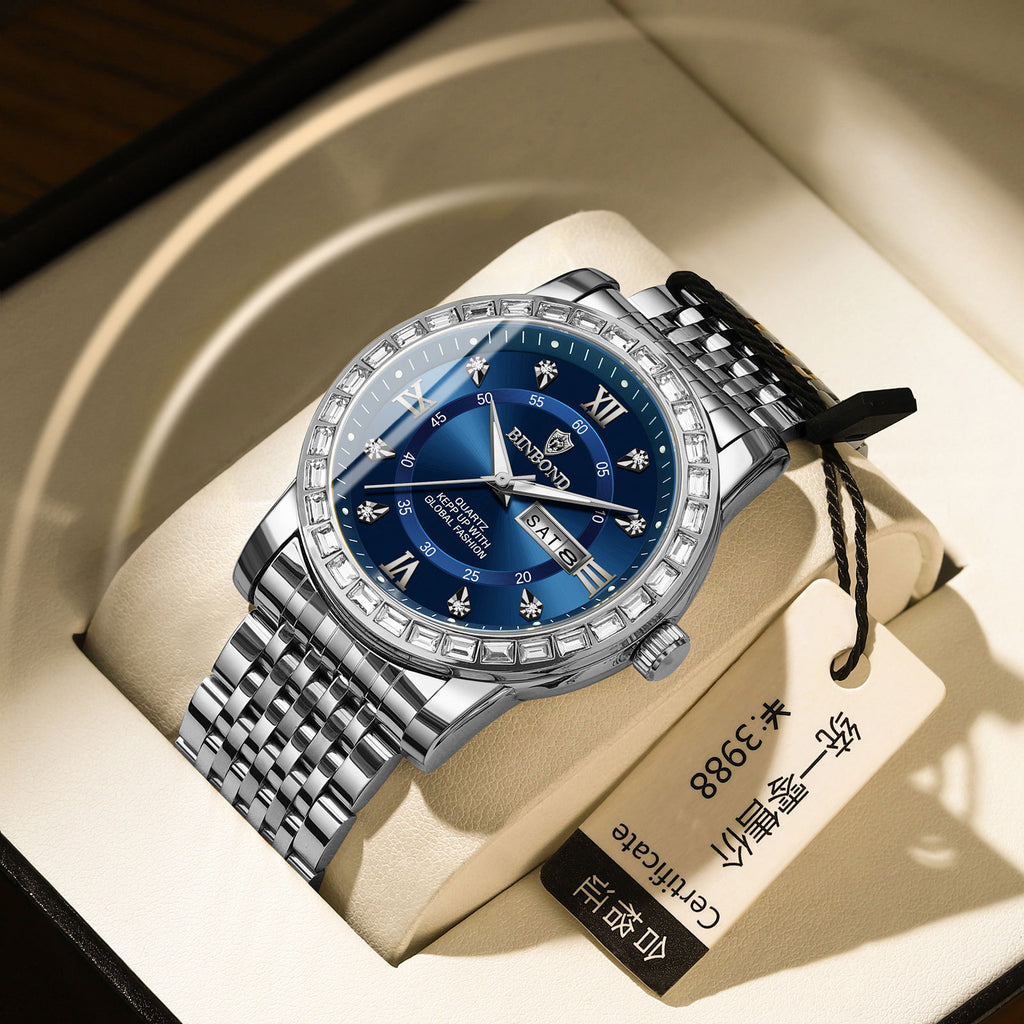 Business Diamant-embeded Montre mécanique double calendrier étanche
