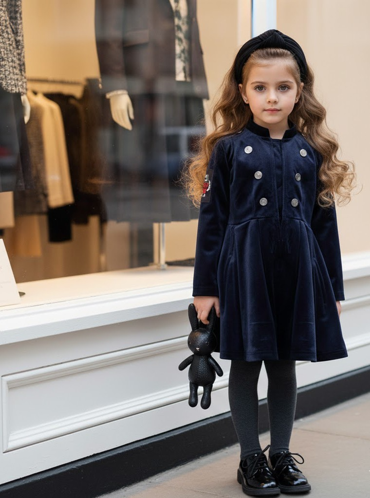 Robe de trench en velours bleu marine vintage fille 3-4-5 Y