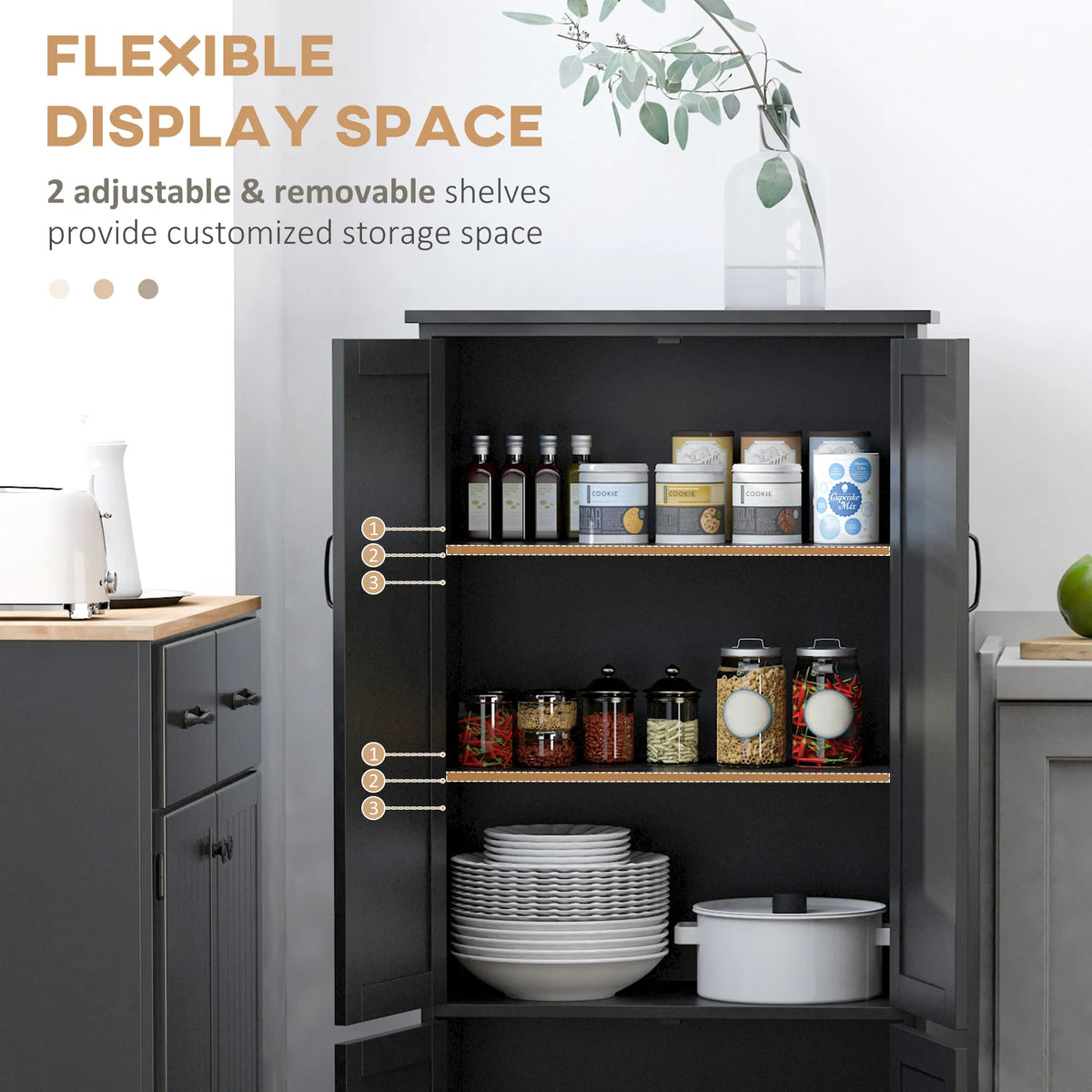 Armoire de rangement 4 portes de 48" Multi-Storey Large Space Pantry avec étagères réglables noir