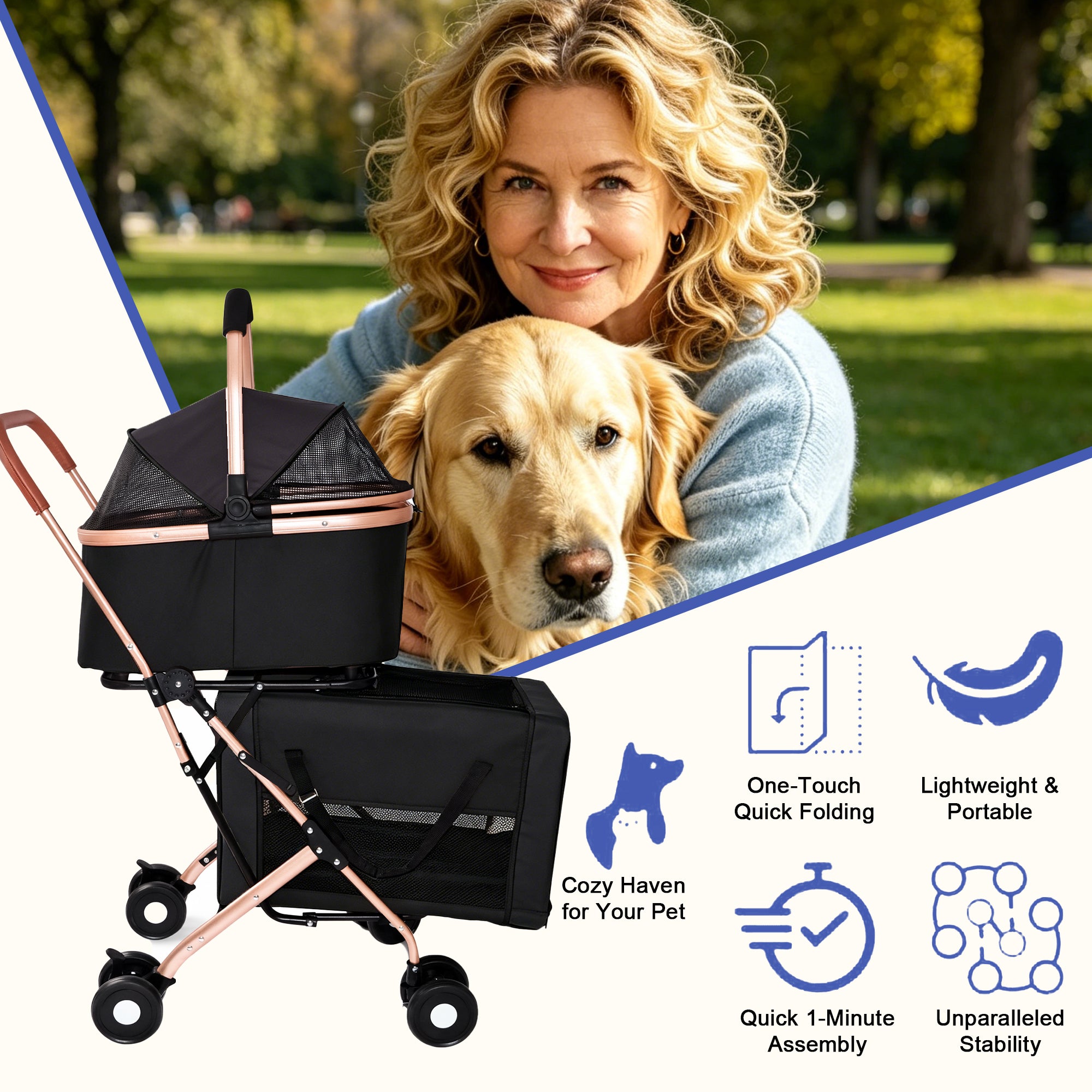 Poussette 3-en-1 pour petits chiens moyens Chats