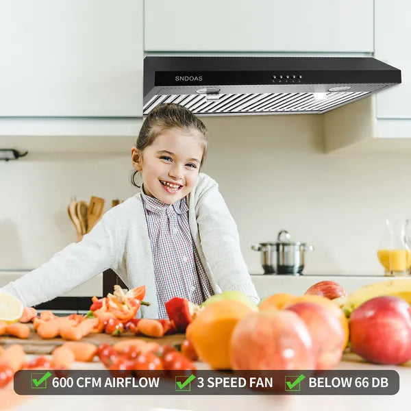 Hotte de cuisine sous cabinet de 30 pouces 3-Speed 600CFM Évent W/EDS Argent/Noir