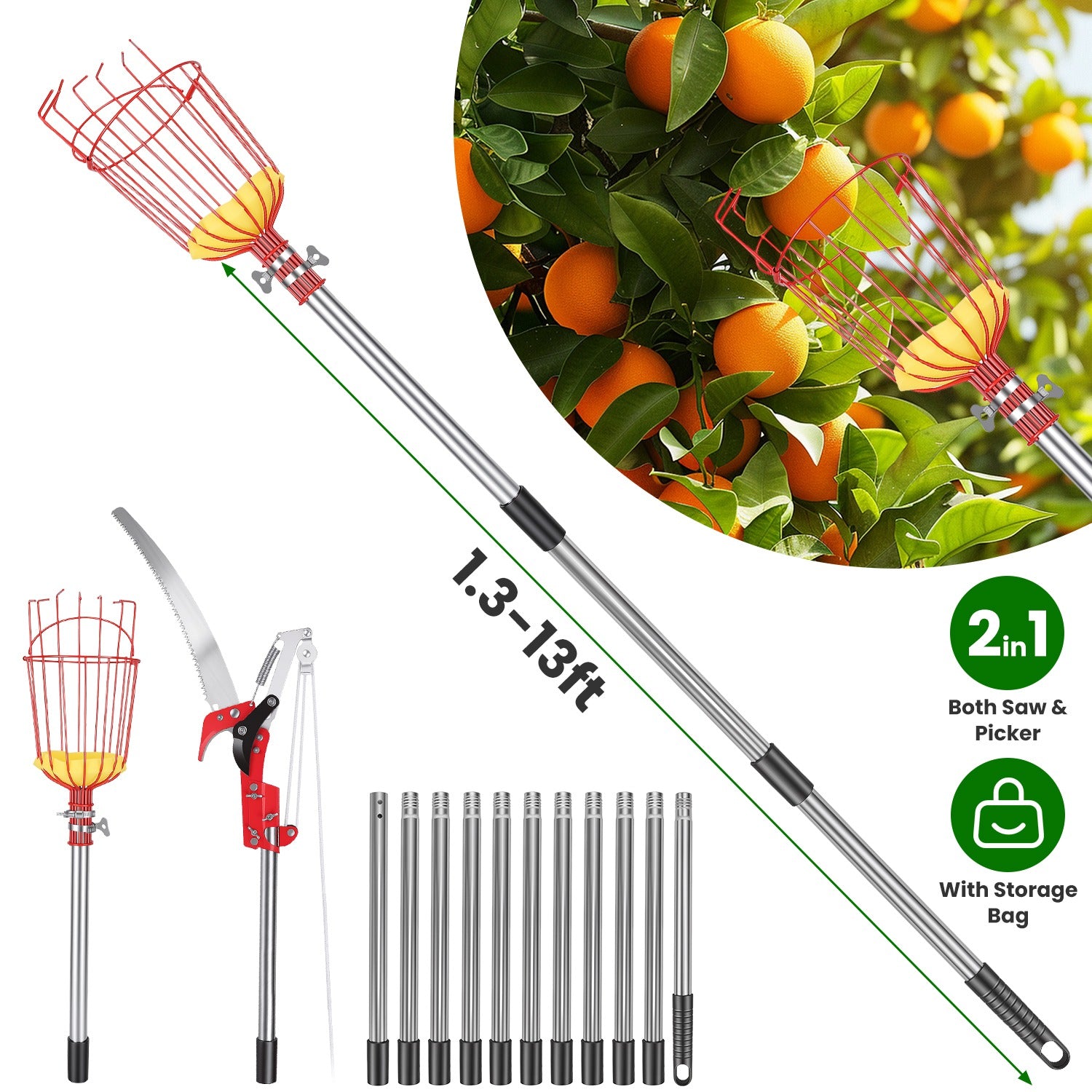 14.4FT OU 10.9FT Option 2-en-1 Picker de scie et de fruits avec Pol en acier inoxydable extensible