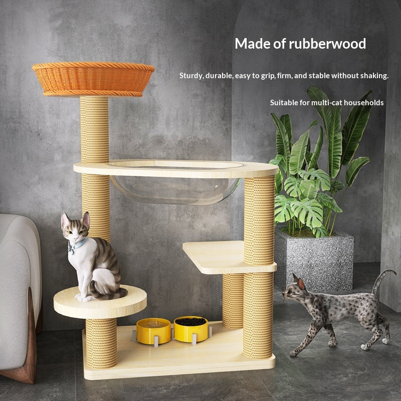 Arbre de chat en bois massif avec plates-formes multi-niveaux et lit de chat en rotin tissé
