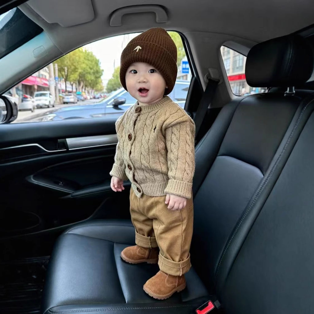 Garçons de style coréen Automnehiver Khaki Brodé Cable-knit Épaisseur Chandail