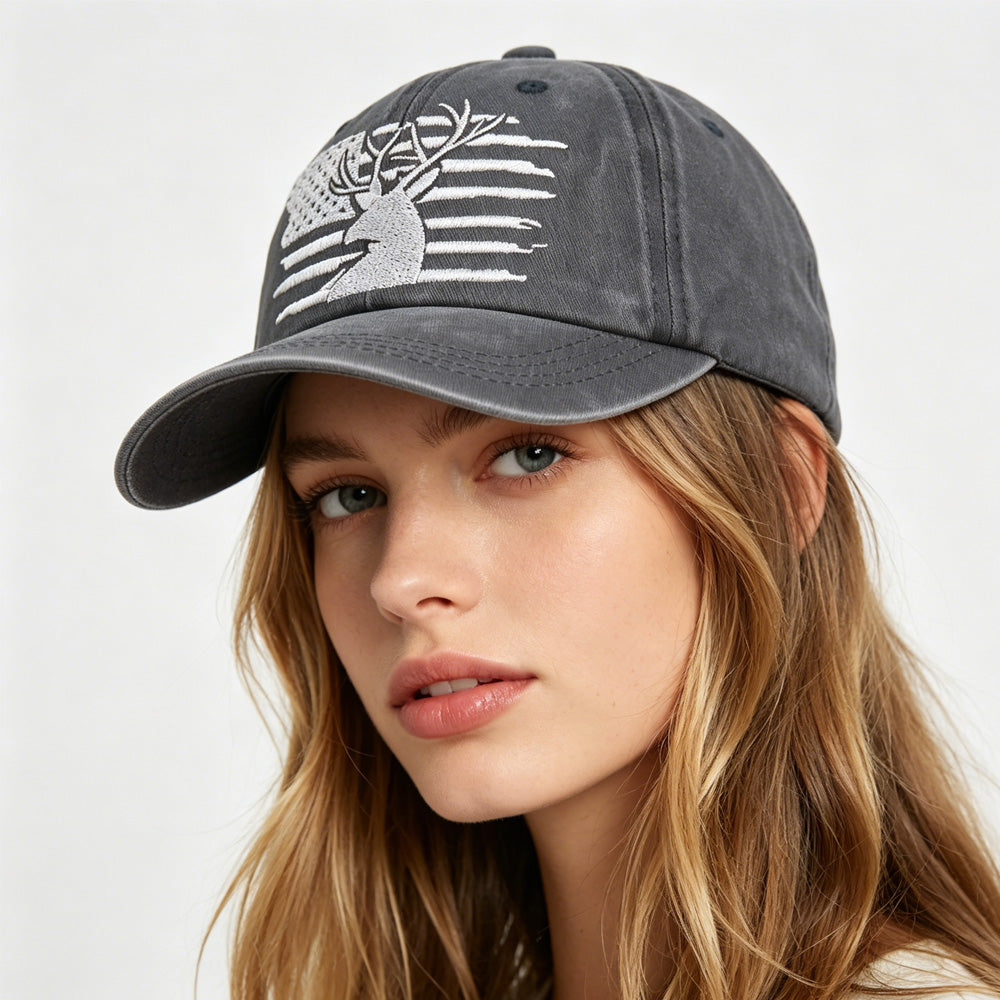 2pcs American Flag Deer Embroidered Baseball Cap - Vintage Washed Cotton Hat