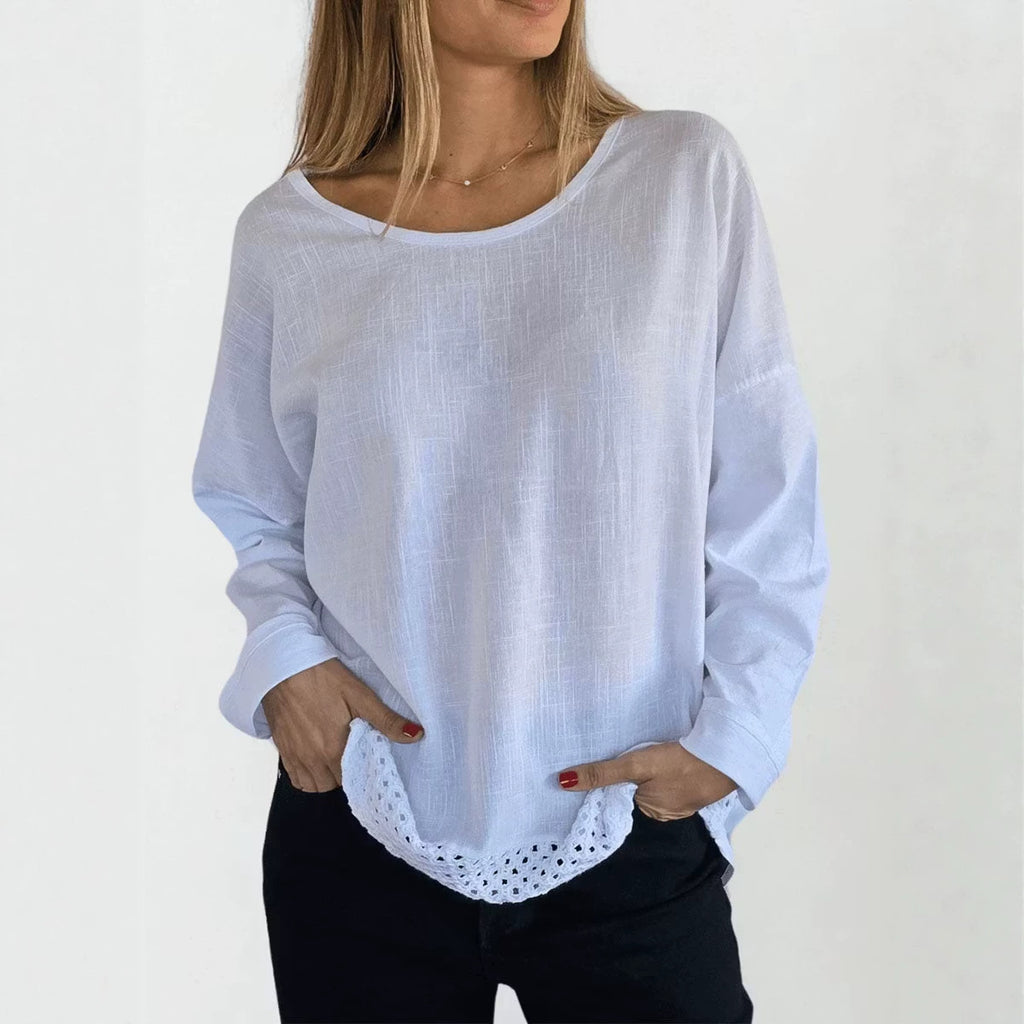 Arrivée Élégante chemise à manches longues en dentelle à col solide pour femmes