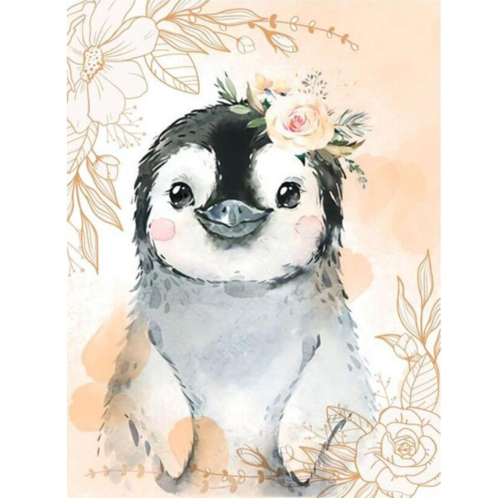 Peinture diamant - Pingouin avec fleurs