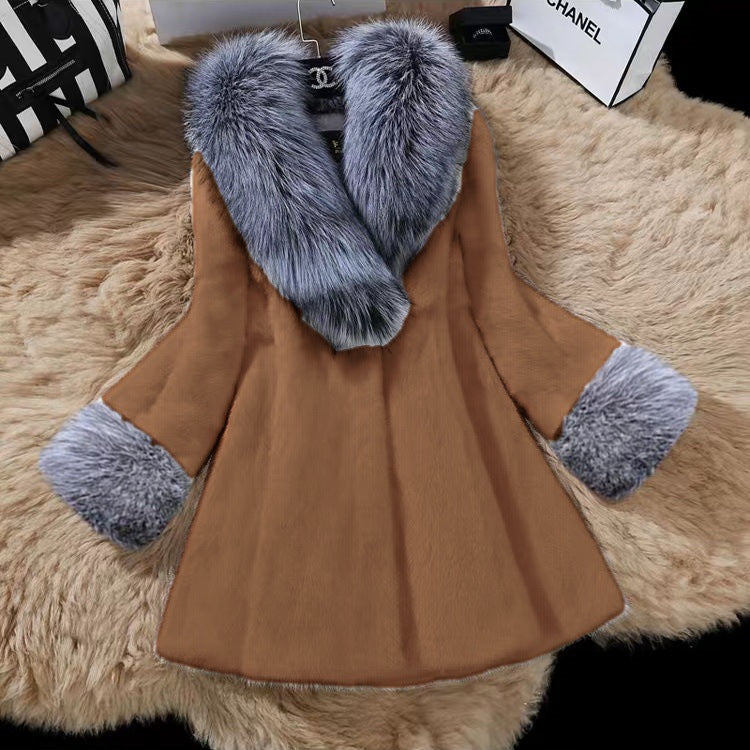 Femmes Faux Argent Collier de fourrure de renard Faux Mink Fur Coat