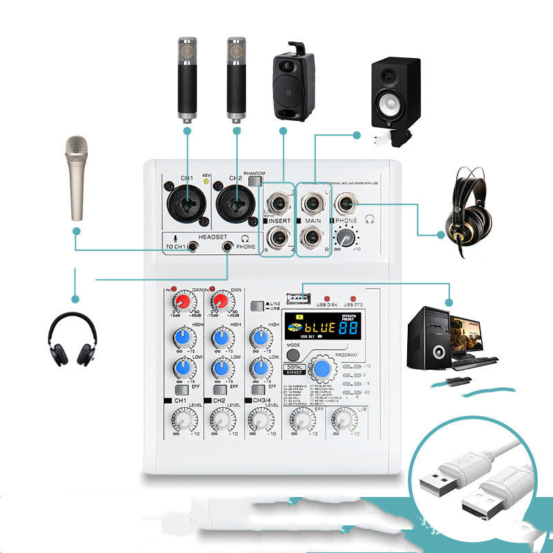 Mancheze4 Mini 4-channel Sound Card Mixer Bluetooth 88 Effets USB Mixer 4-channel Recordi