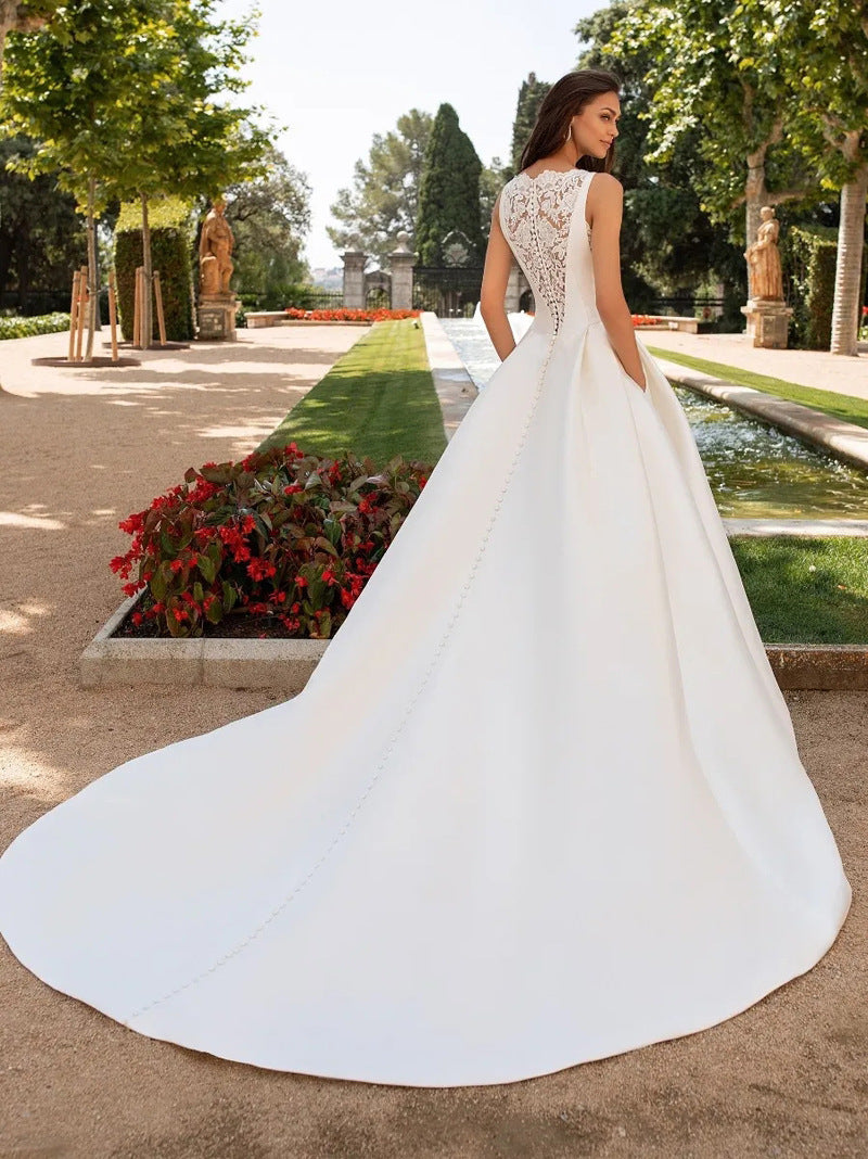 Française Retro Dentelle Texture avancée Satin Slim Mariée Simple Elégante robe de mariée Trailing