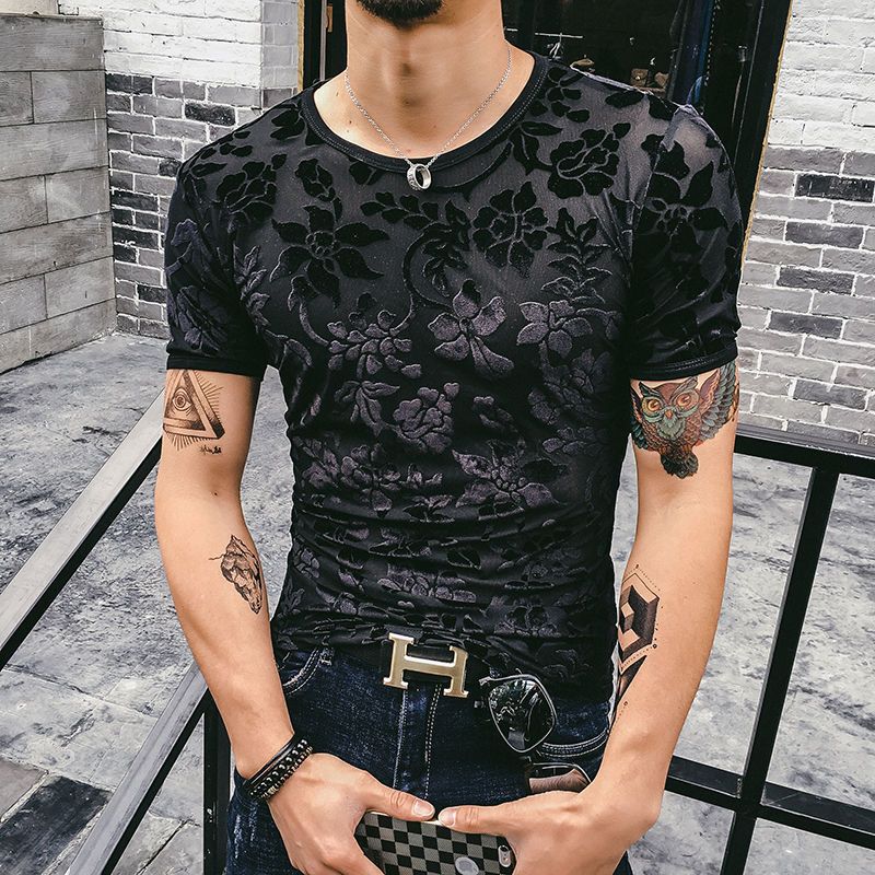 T-shirt en soie de glace en velours d'or pour homme Respirant manches courtes à col rond