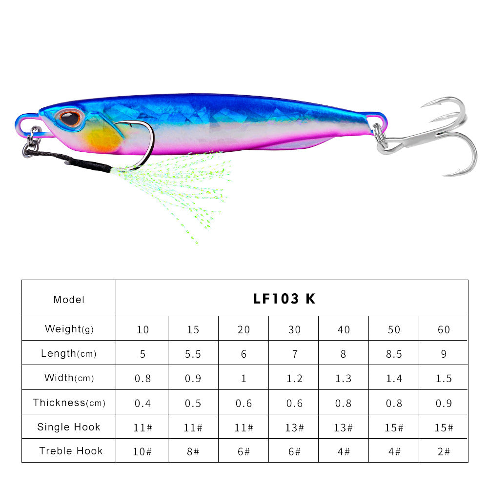 Luya Bait Submerged Tossing Lure plaque de fer Plomb lumineux de poisson avec crochet Treble