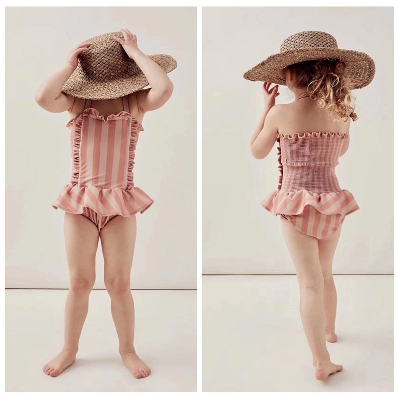 Maillots de bain pour enfants Ins Modèles d'explosion Filles Siamois Maillot de bain en dentelle de vent princesse rayée
