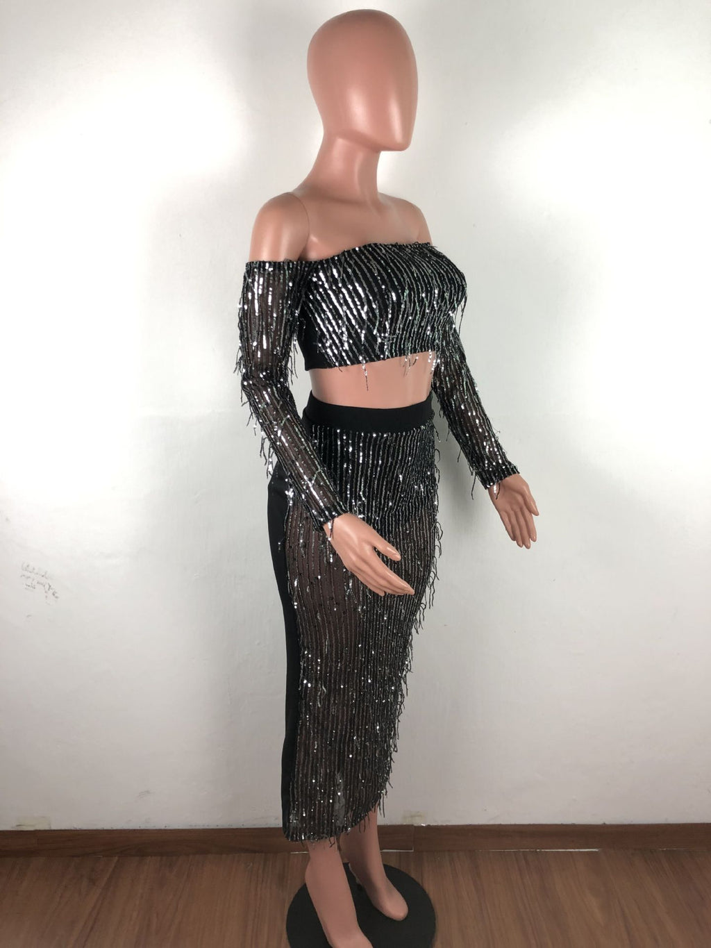 Mode Sexy See-through Mesh Sequins Tassel Ensemble deux pièces