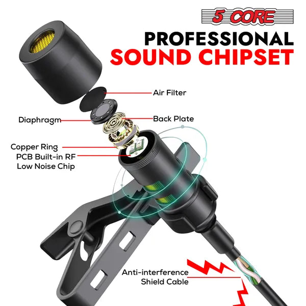 5 Core Professional omnidirectionnel Lavalier Microphone 3,5mm Clip-On Lapel Mic pour Smartp