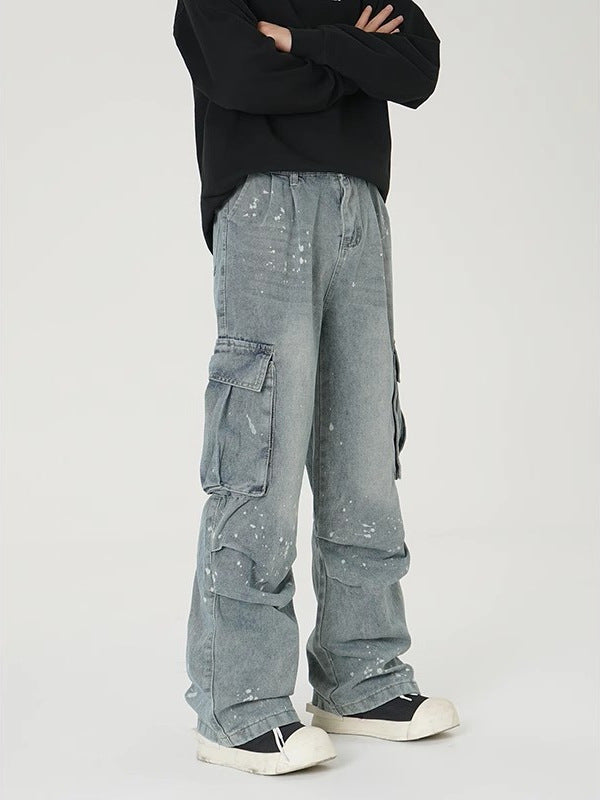 Pantalon de travail lavé en denim à jambes larges pour hommes avec de grandes poches
