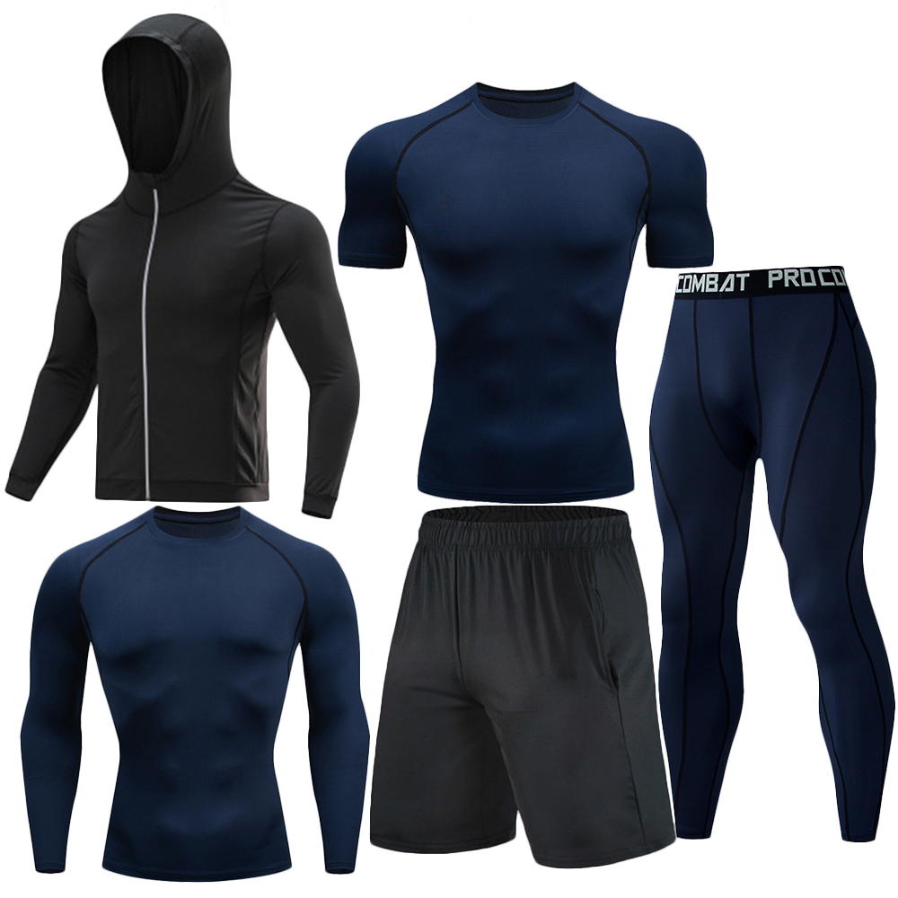 Hommes 5 pièces Ensemble d'entraînement de compression Veste zippée à capuche manches longues manches courtes