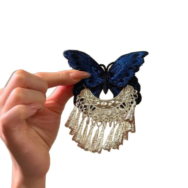 Vintage bleu papillon-brodé argent-bell coupe cheveux