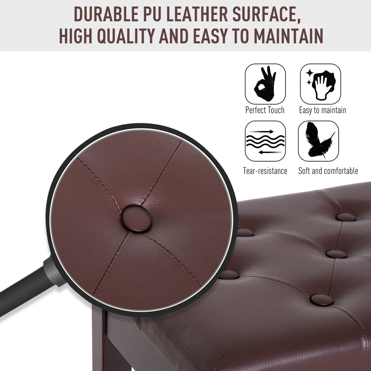 Banc de piano en cuir rembourré faux double / duo avec stockage de musique - Brown