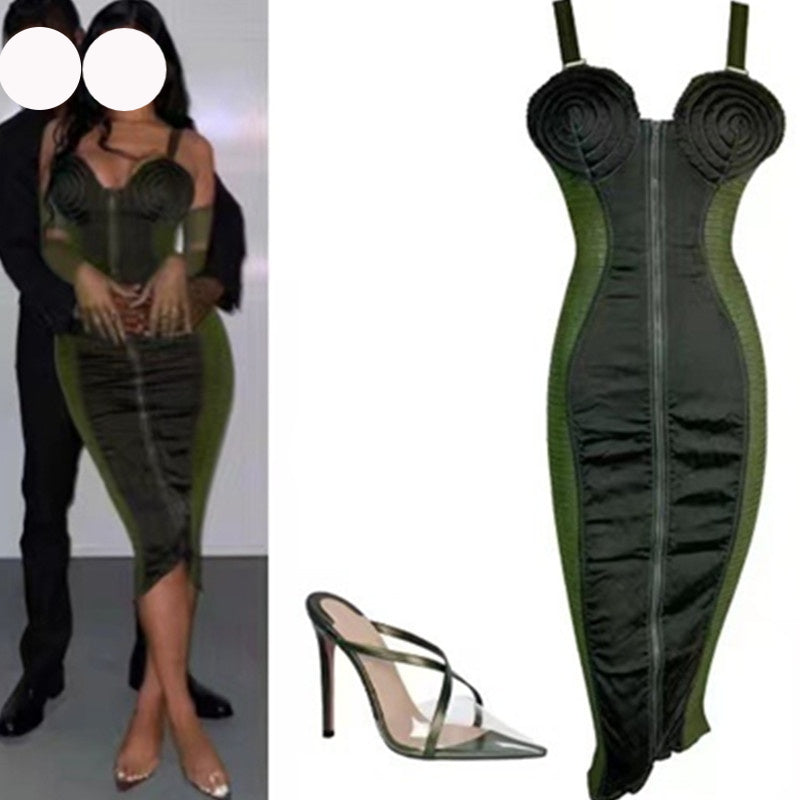 Army Green Sling Slim Tempérament Robe