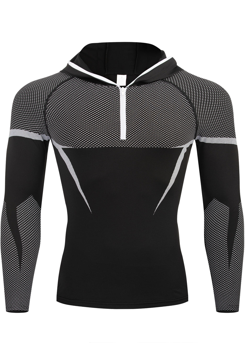 Hommes demi-zip Compression à capuche manches longues Chemise Noir Rouge Couleur Bloc Mesh Spliqued Quick