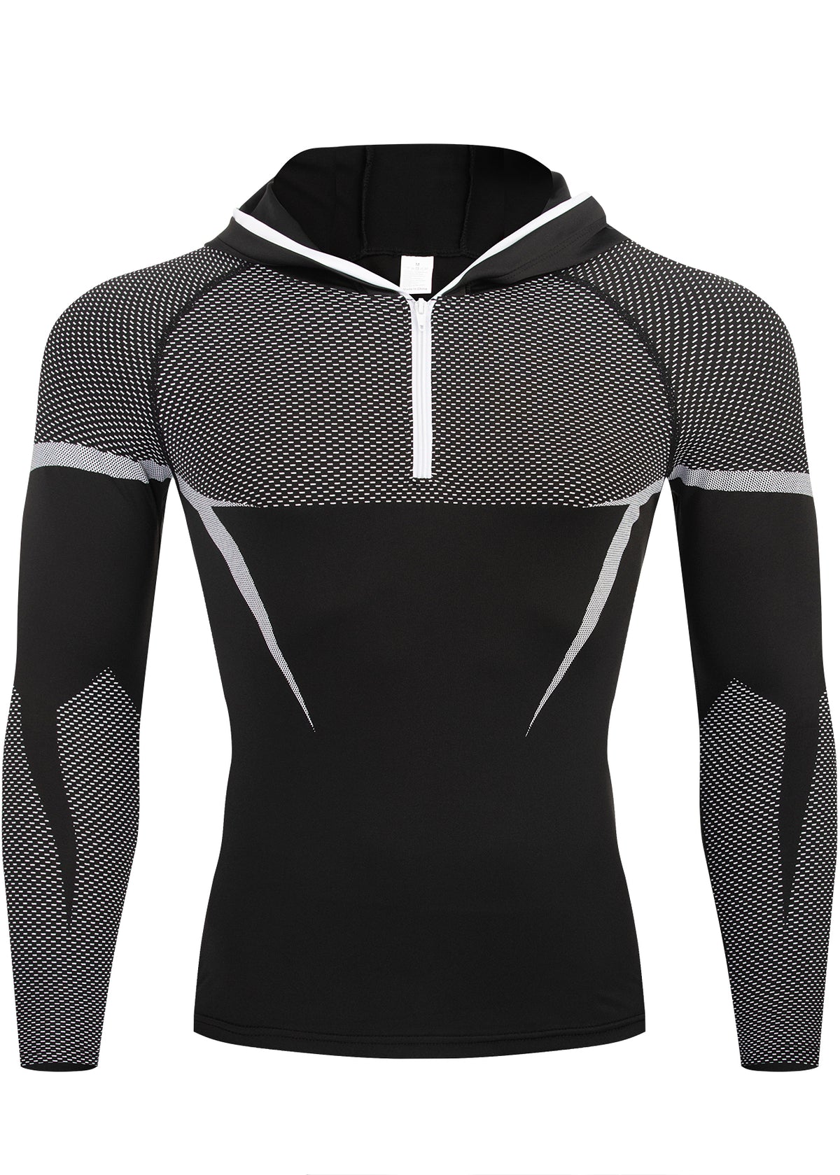 Hommes demi-zip Compression à capuche manches longues Chemise Noir Rouge Couleur Bloc Mesh Spliqued Quick