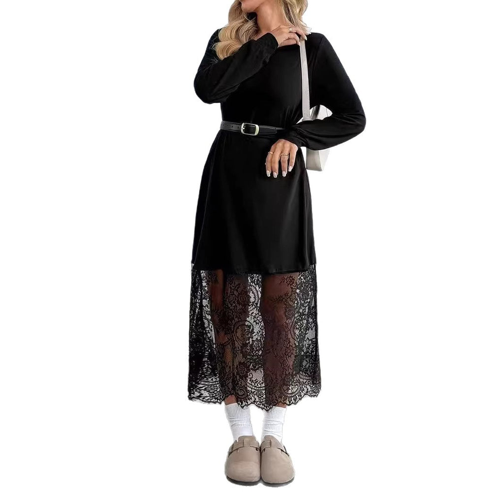 Patchwork à manches longues Dentelle Casual Femmes Robe longue