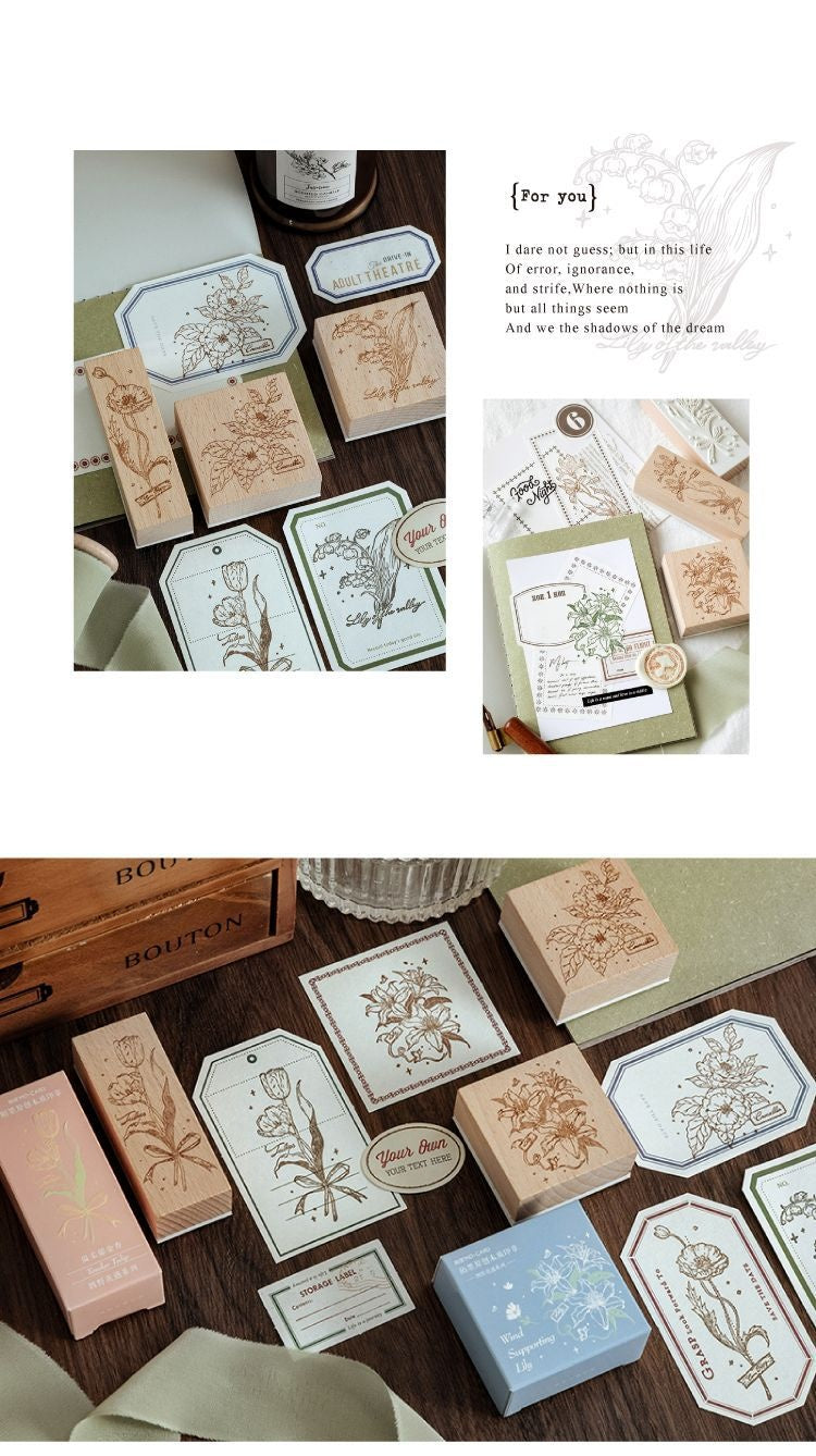 Timbre en bois frais et rétro Fleur Artistic Flower Notebook Diy Matière décorative Woode