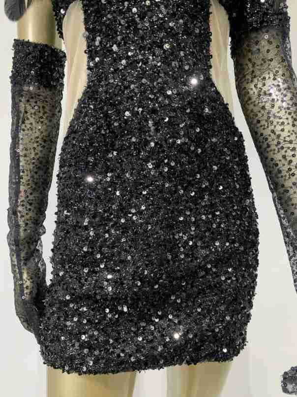Robe Peintre Halter Paillettes Jupe courte avec Gants Robe
