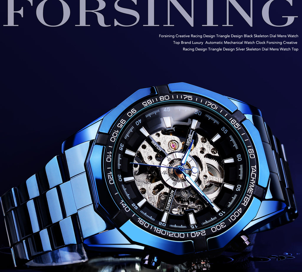 Montre mécanique Casual Hollow Blue Plating automatique